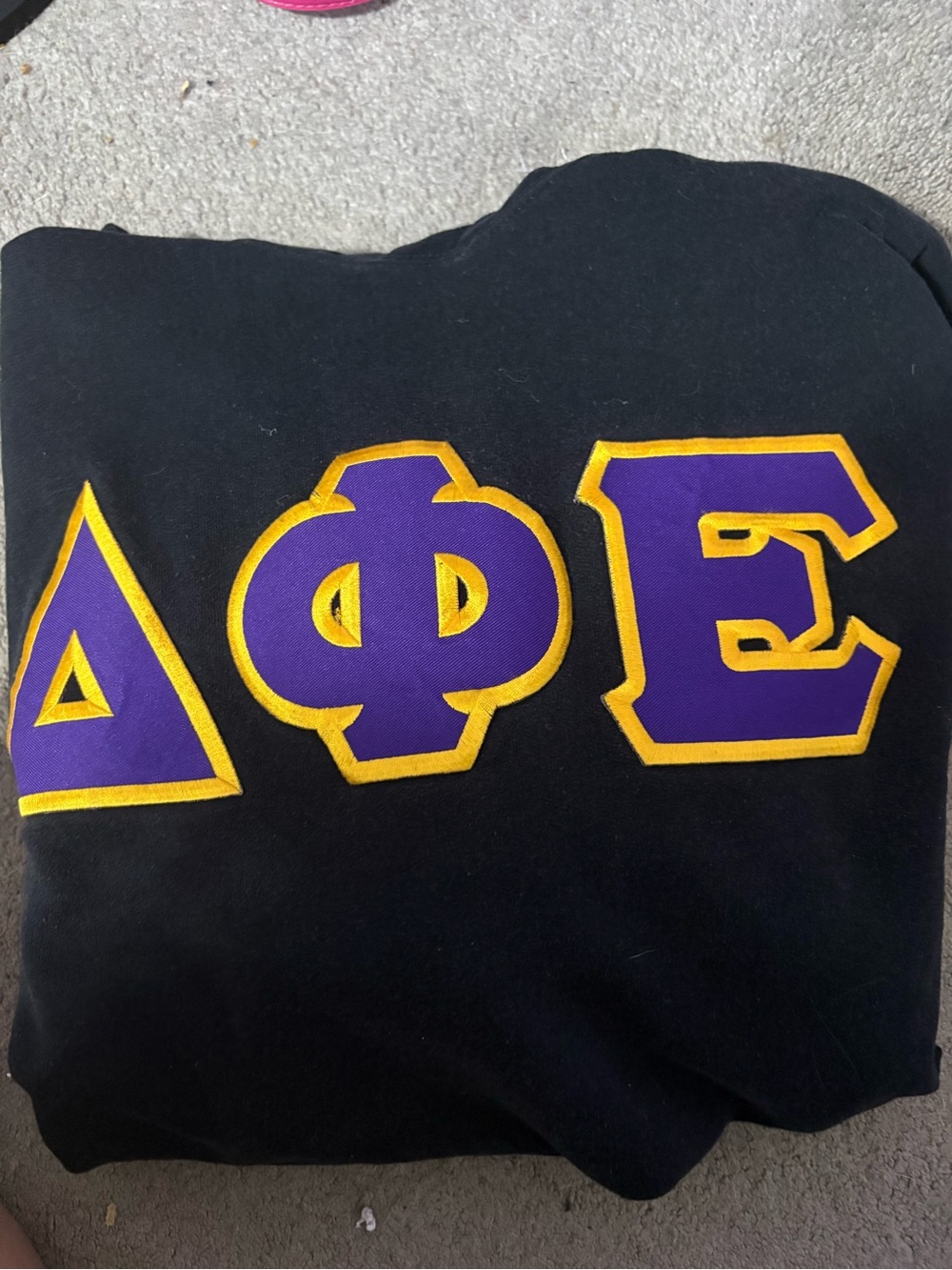 DELTA PHI EPSILON DPHIE Greek Letter Black Sweatshirt- Purple & Gold Applique